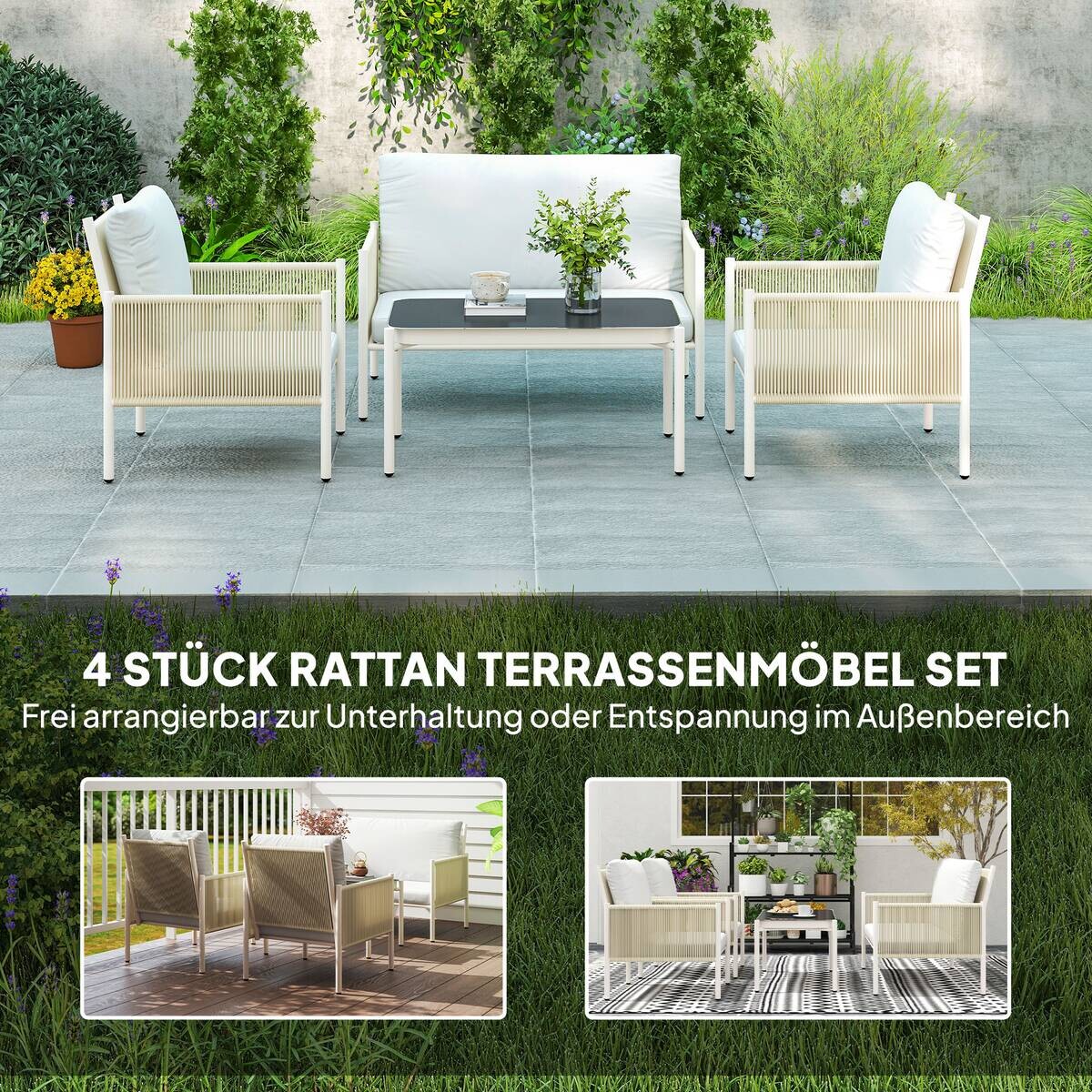 Outsunny Rattan Gartenmöbel-Set hellgrau Stahl B/H/L: ca. 68x82x116 cm