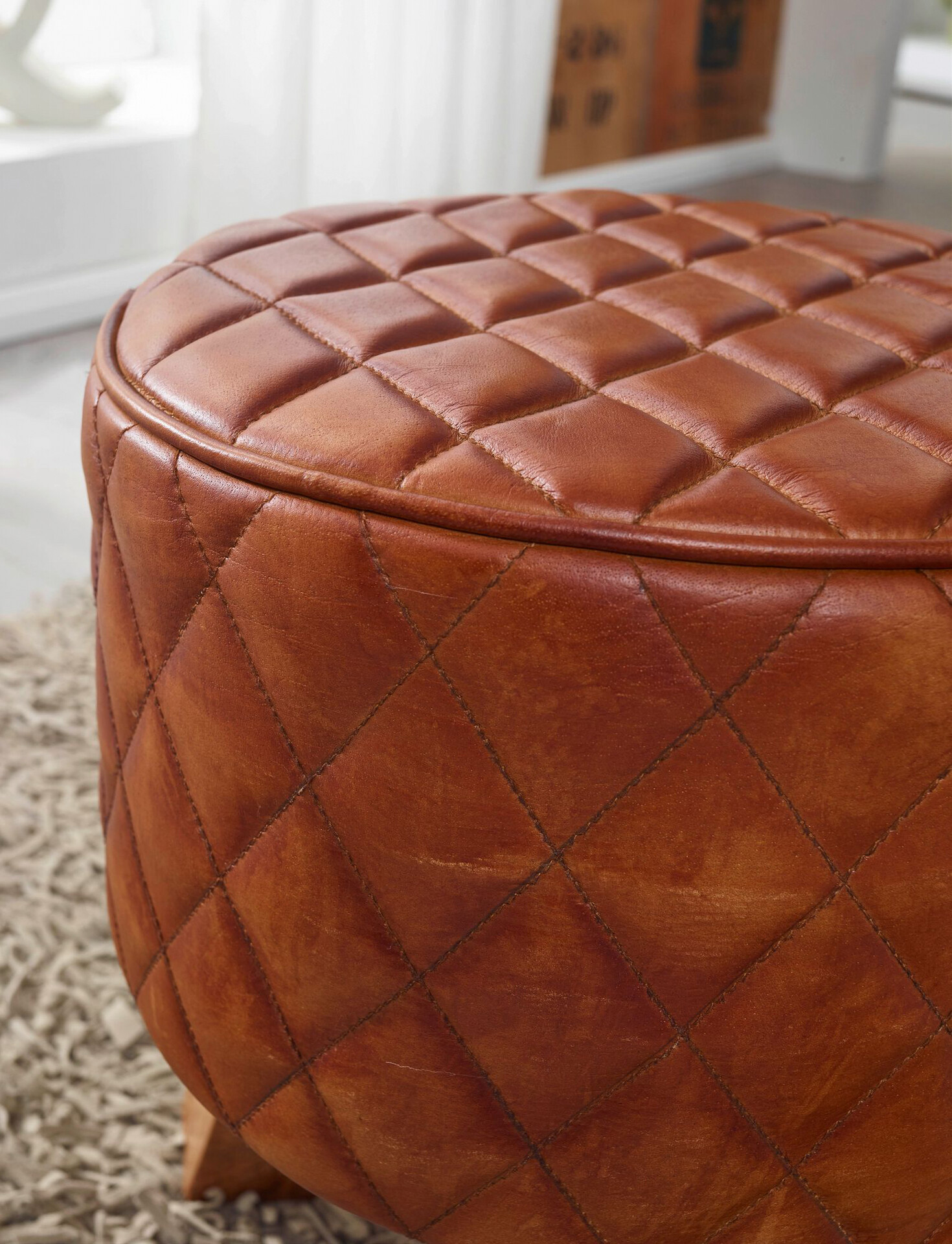 Wohnling Sitzhocker braun natur Leder Echtholz B/H/T: ca. 35x46x35 cm