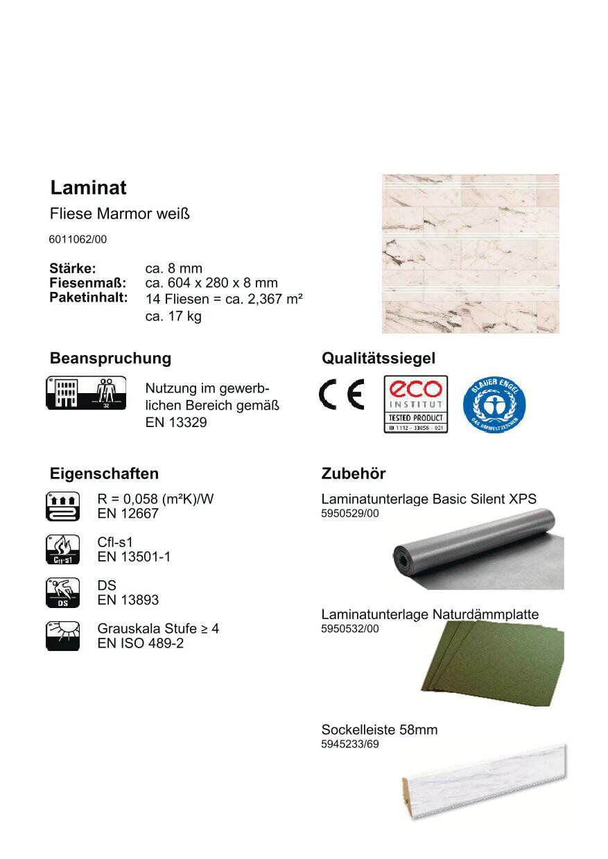 Laminatboden Marmor weiß ca. 2,367 m² im Paket  B/L: ca. 28x60,4 cm pro Paket