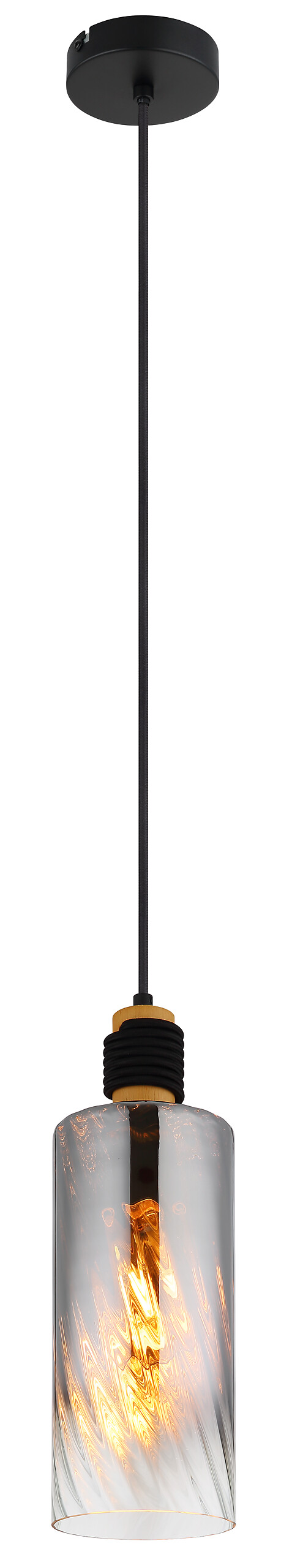 GLOBO Pendelleuchte mattschwarz braun Rauch Metall Holz Glas H/D: ca. 150x12 cm E27 1 Brennstellen