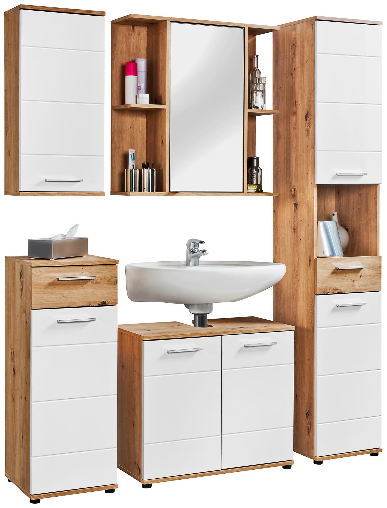 Badhochschrank Bergen Eiche Artisan Nachbildung weiß Hochglanz B/H/T: ca. 35x195x35 cm