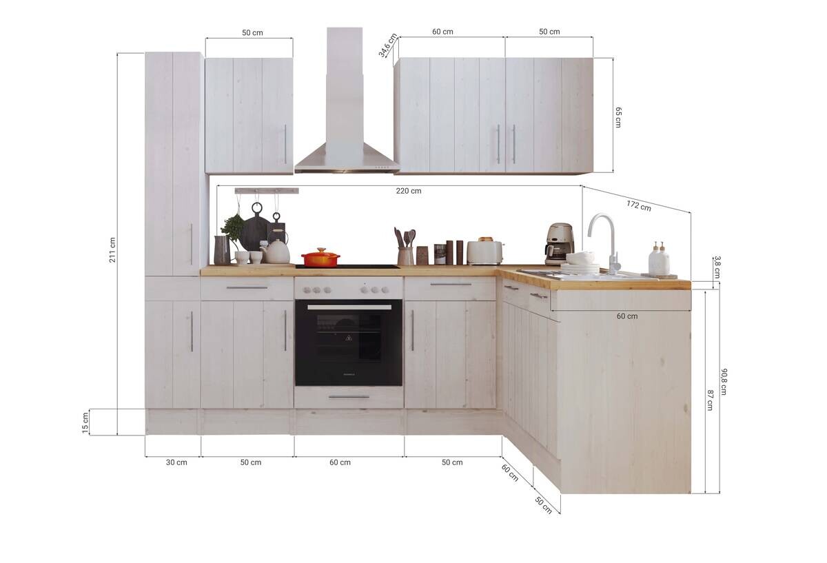 Respekta Winkelküche BERPL250LHWC weiß Lärche Nachbildung B/H/T: ca. 250x211x172 cm