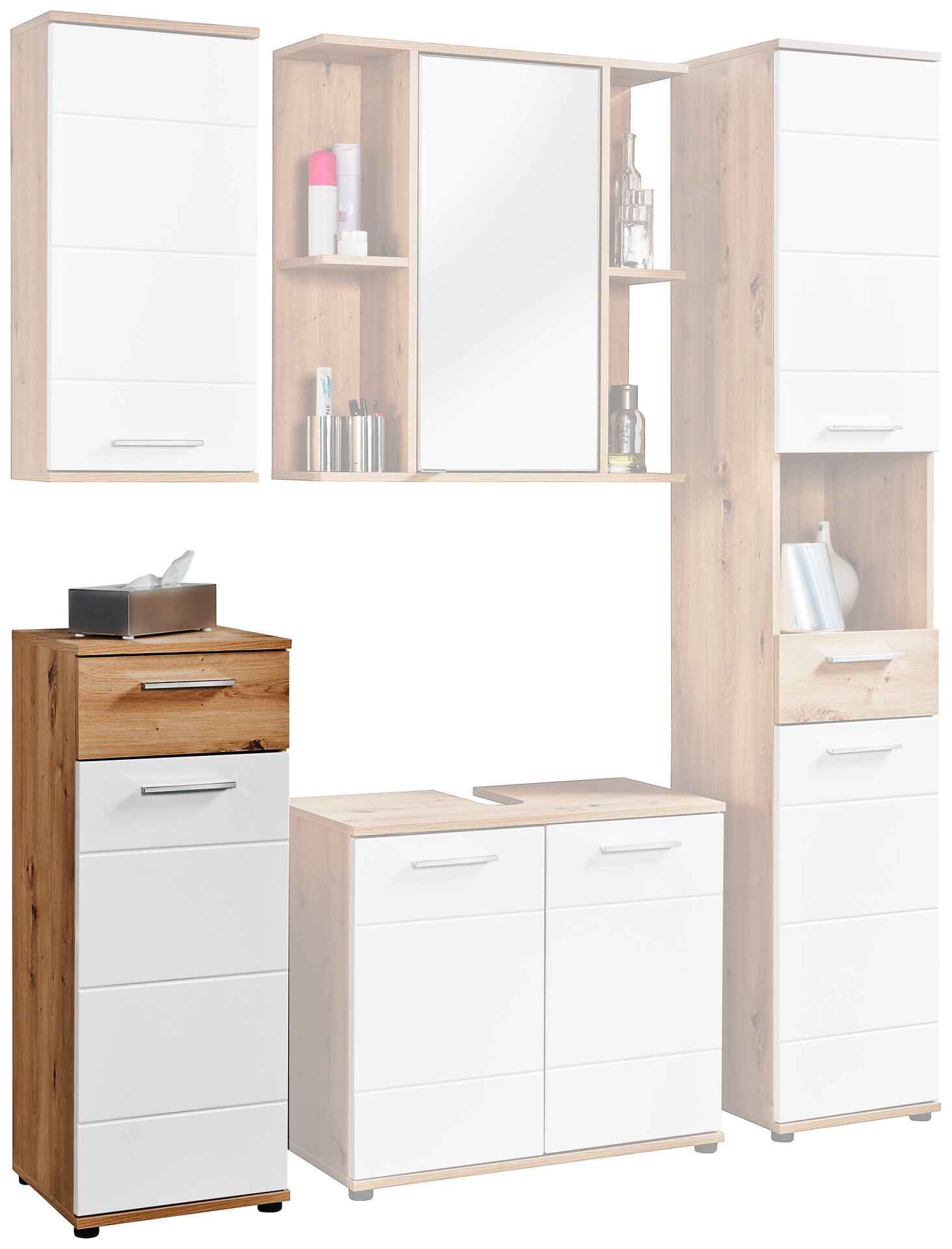 Badkommode Bergen Eiche Artisan Nachbildung weiß Hochglanz B/H/T: ca. 35x92x35 cm