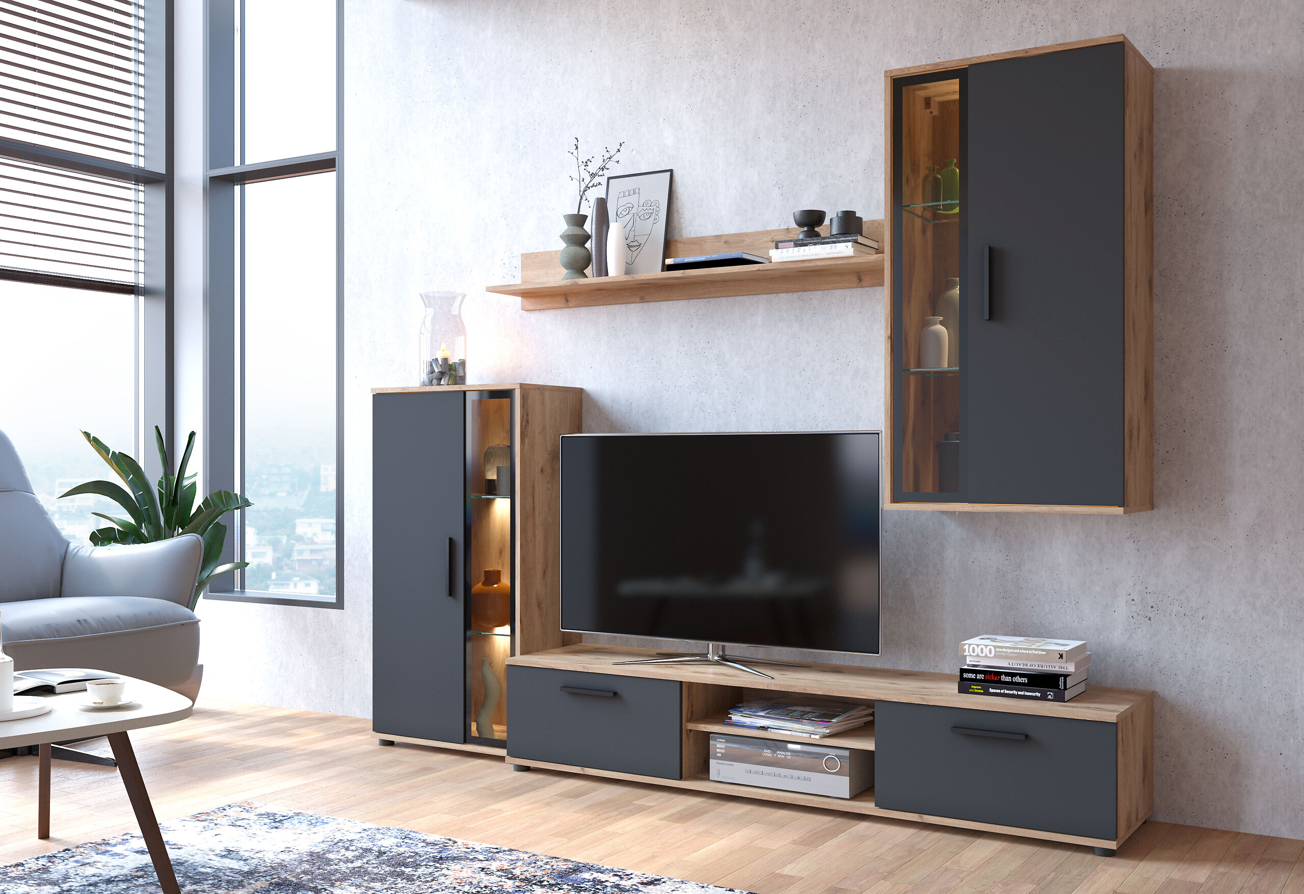 Wohnwand Neon Eiche Viking Nachbildung anthrazit B/H/T: ca. 233x190x40 cm