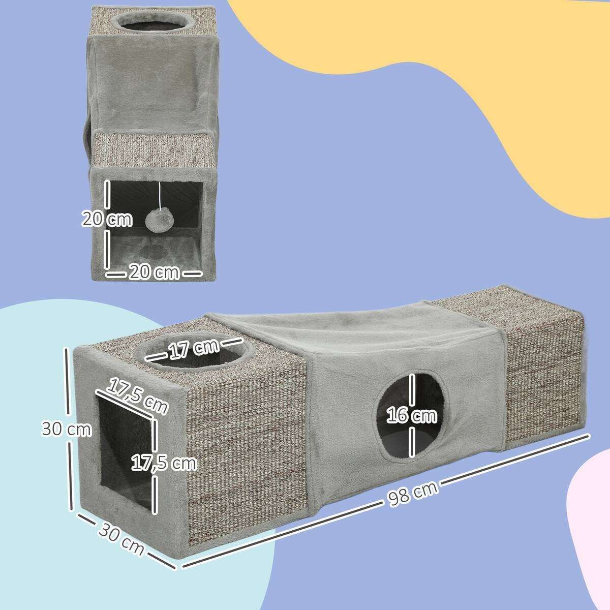 PawHut Katzentunnel grau Spanplatte B/H/L: ca. 30x30x98 cm