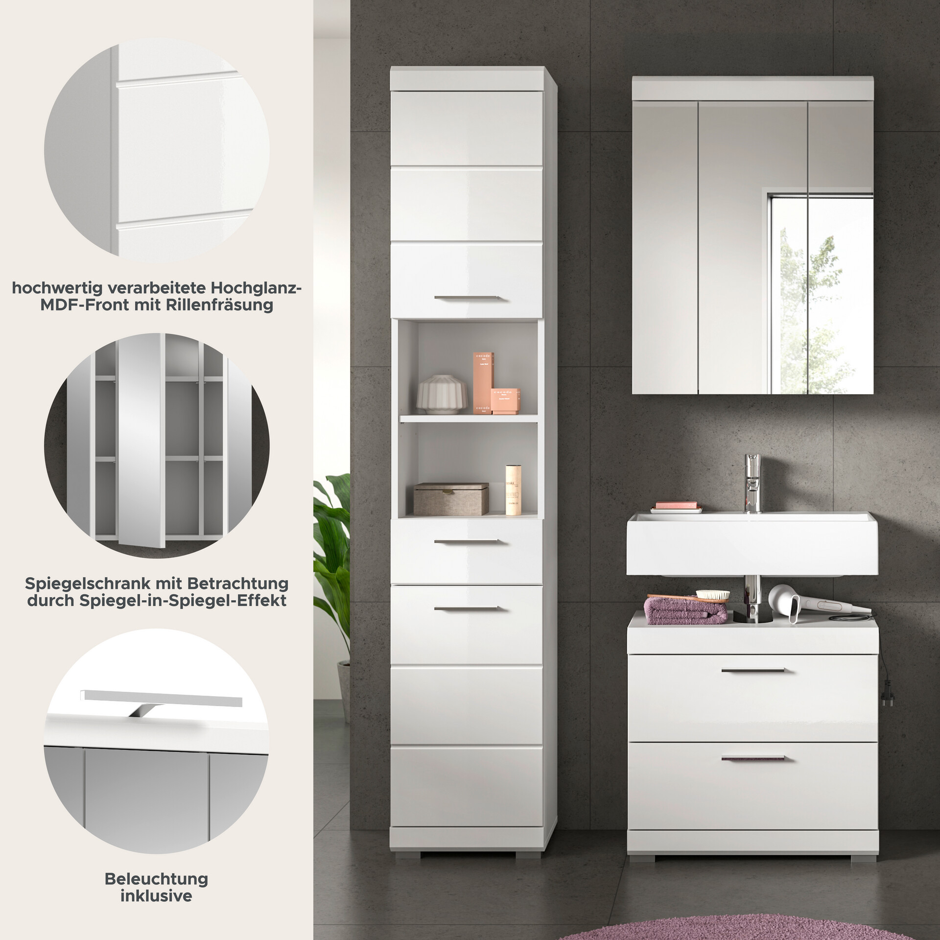 Badezimmer-Set Scout weiß weiß Hochglanz B/H/T: ca. 112x191x34 cm