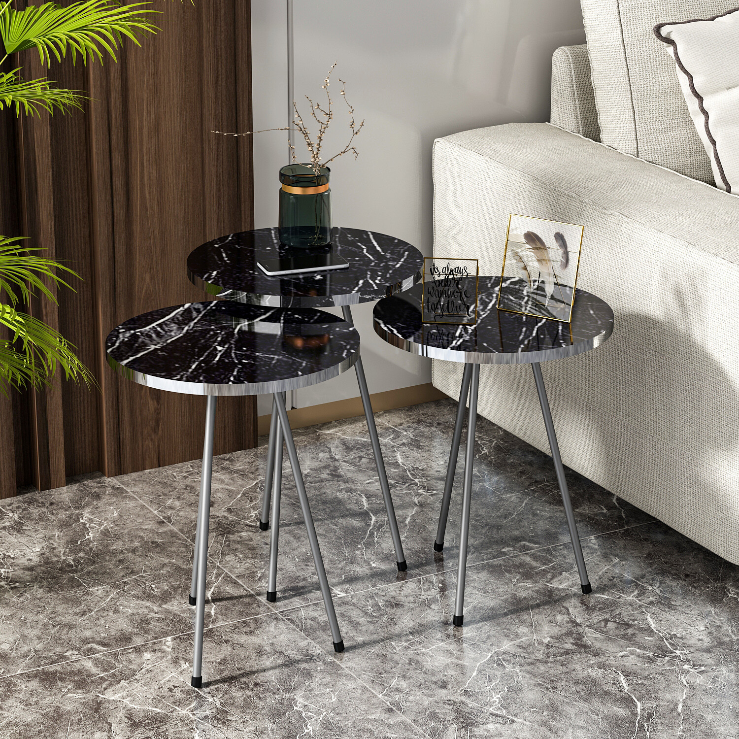 Beistelltisch 3er-Set. 21796177 schwarz Marmoroptik B/H/T: ca. 38x53,5x38 cm