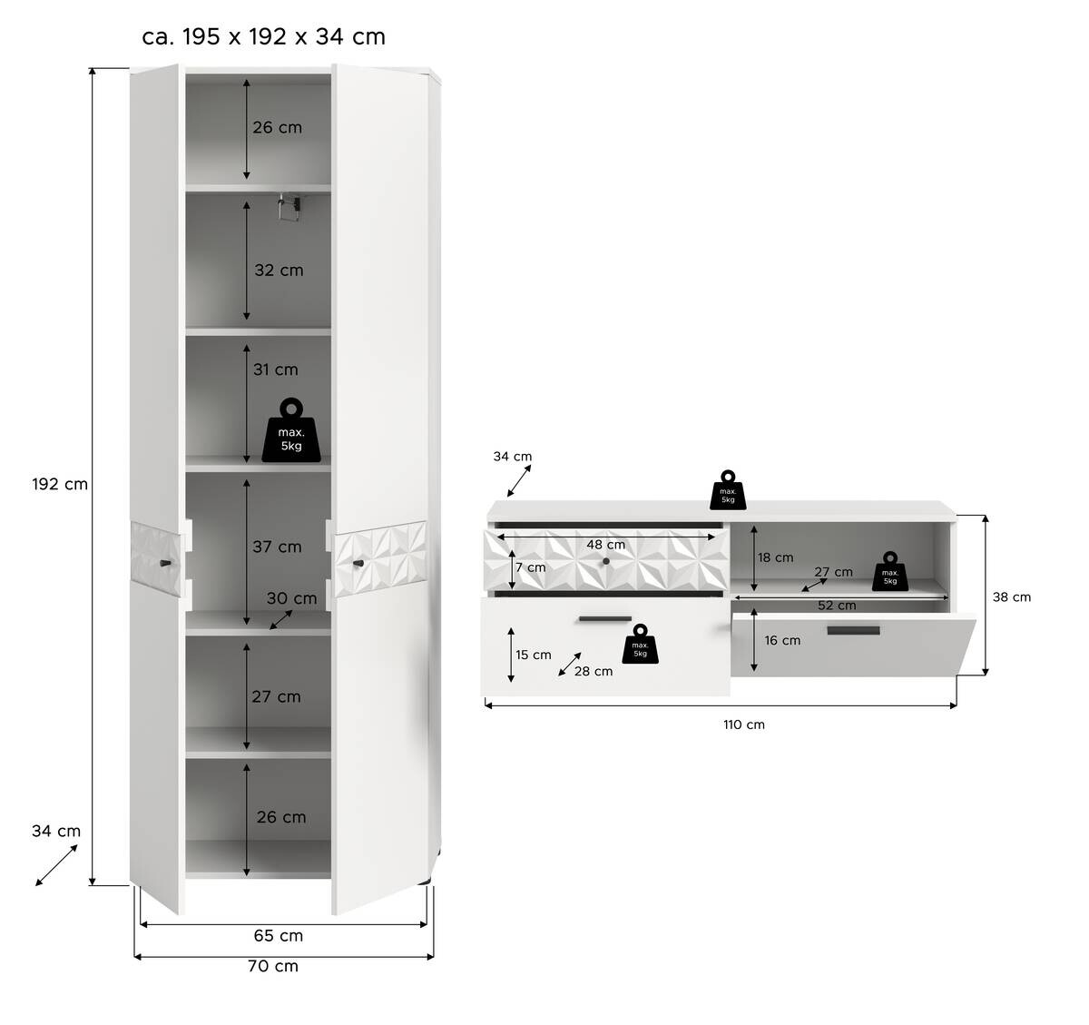 Garderobe Prisma weiß weiß Hochglanz B/H/T: ca. 195x192x34 cm