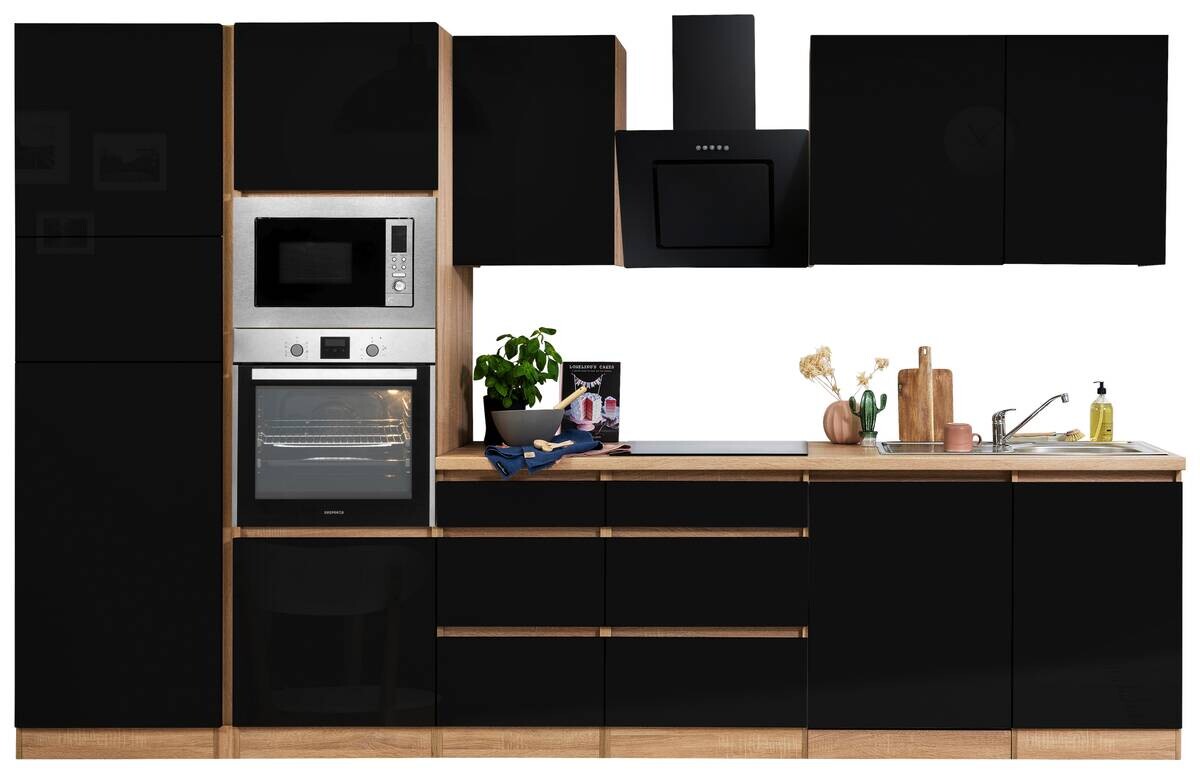 Respekta Küchenblock Premium schwarz hochglänzend B/H/T: ca. 345x220,5x60 cm