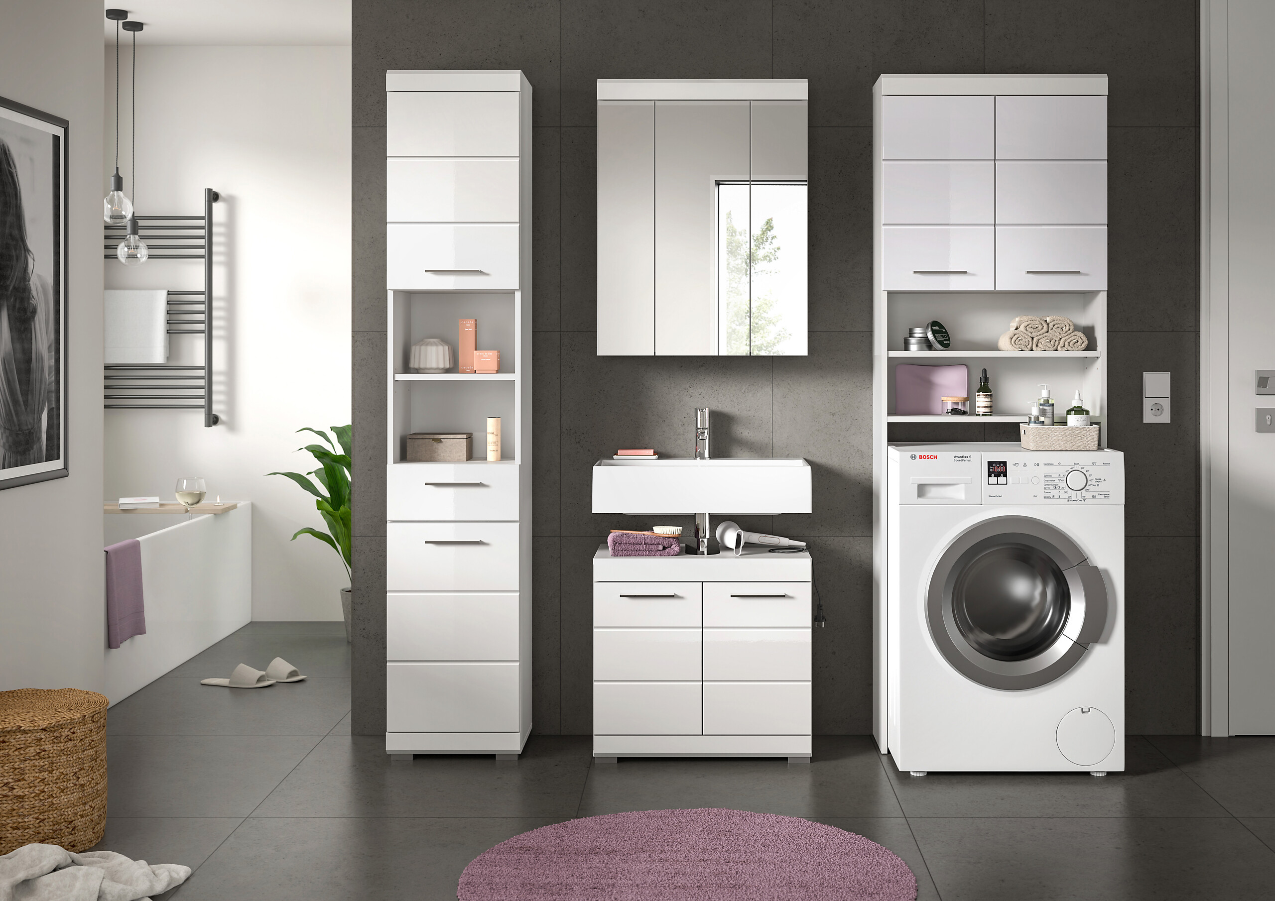 Badezimmer-Set Scout weiß weiß Hochglanz B/H/T: ca. 190x191x34 cm Badezimmer-Set Scout weiß weiß Hochglanz B/H/T: ca. 190x191x34 cm