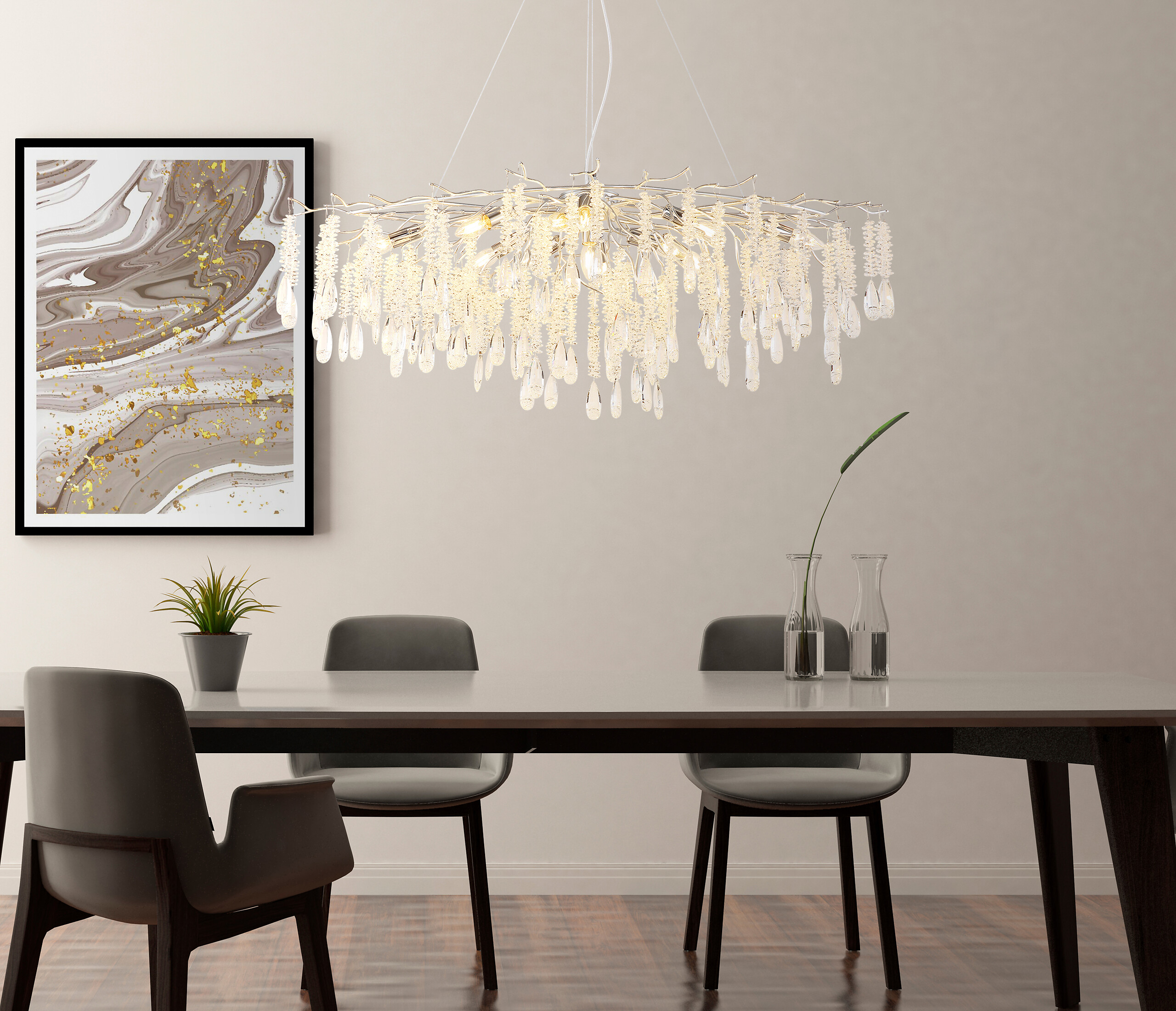 GLOBO Luster silber klar Glas Metall B/H/L: ca. 50x120x120 cm E14 12 Brennstellen