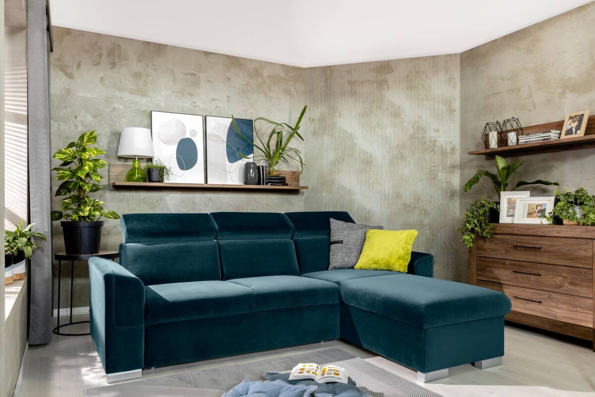 Ecksofa mit Bettfunktion und Bettkasten petrol Microfaser B/H/T: ca. 243x85x186 cm