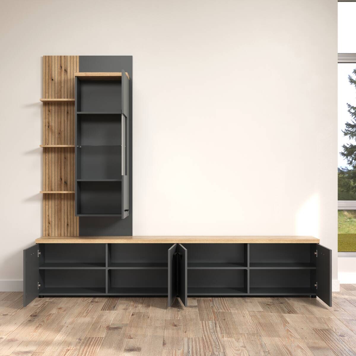 Wohnwand Baggio Eiche Evoke Coast Nachbildung anthrazit B/H/T: ca. 240x211x40 cm