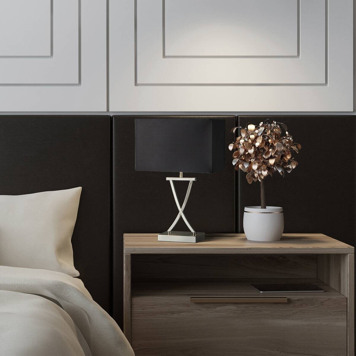 Searchlight Tischlampe Club silber Stahl Textil B/H/L: ca. 20x48,5x31 cm E14 1 Brennstellen