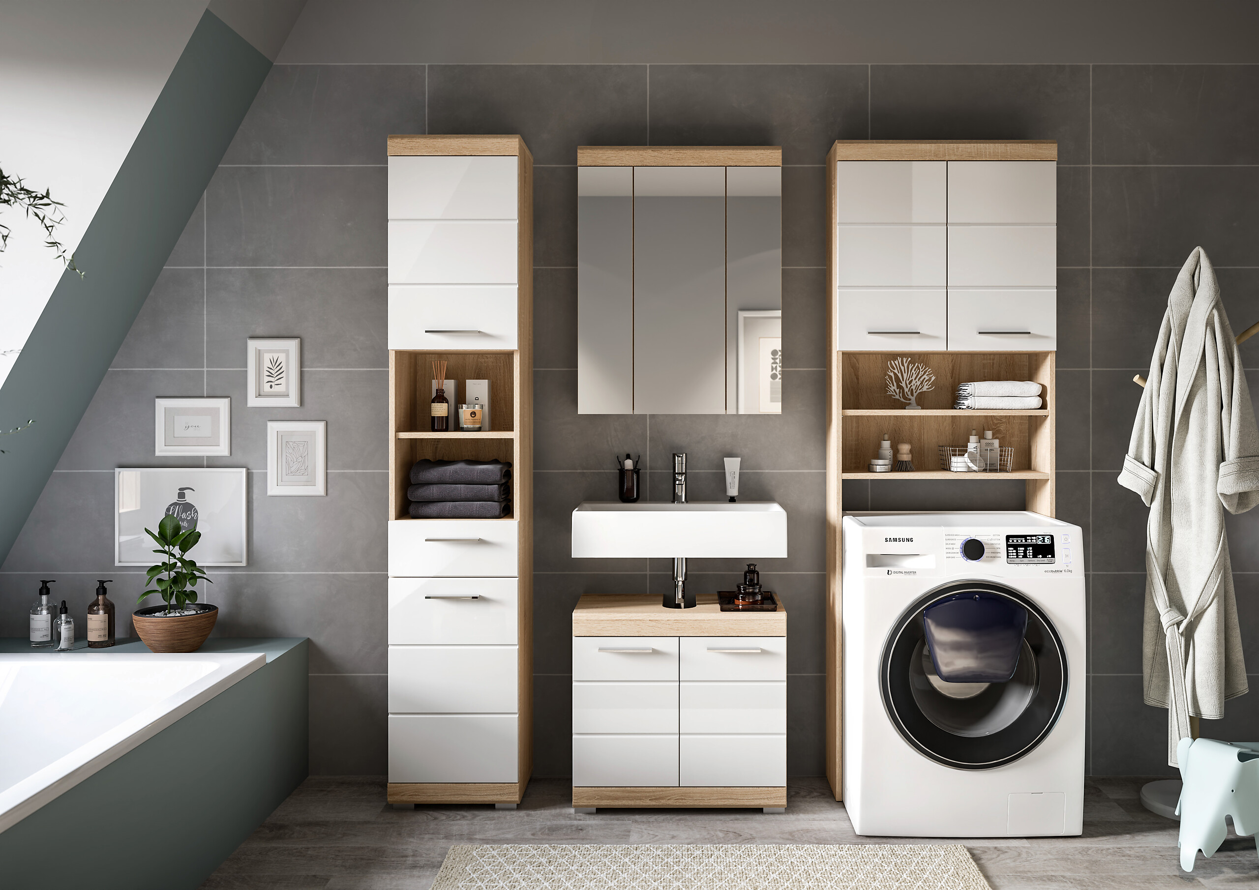 Badezimmer-Set Lambada Eiche Sonoma Nachbildung weiß Hochglanz B/H/T: ca. 190x191x34 cm