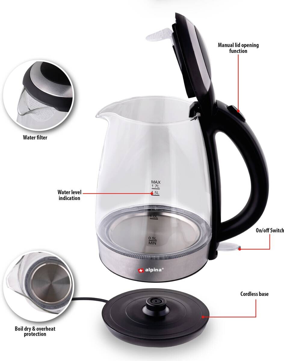 alpina Glaswasserkocher schwarz Glas Edelstahl ca. 1,7 l