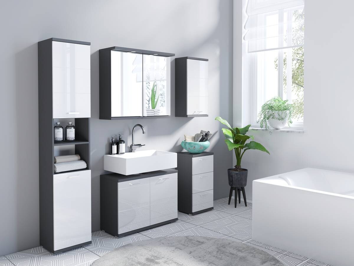 Waschbeckenunterschrank NEBRASKA anthrazit weiß Hochglanz silber verchromt B/H/T: ca. 80x59x31,5 cm