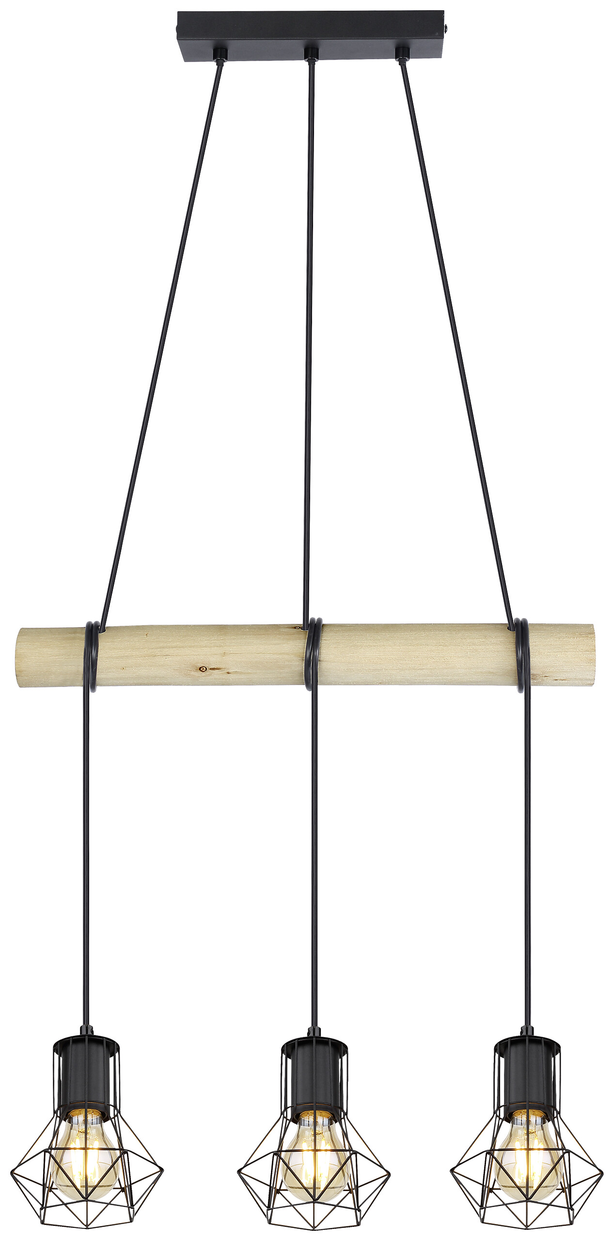 POCOline Pendelleuchte Minetta schwarz natur Metall Holz B/H/T: ca. 50x140x13 cm E27 3 Brennstellen