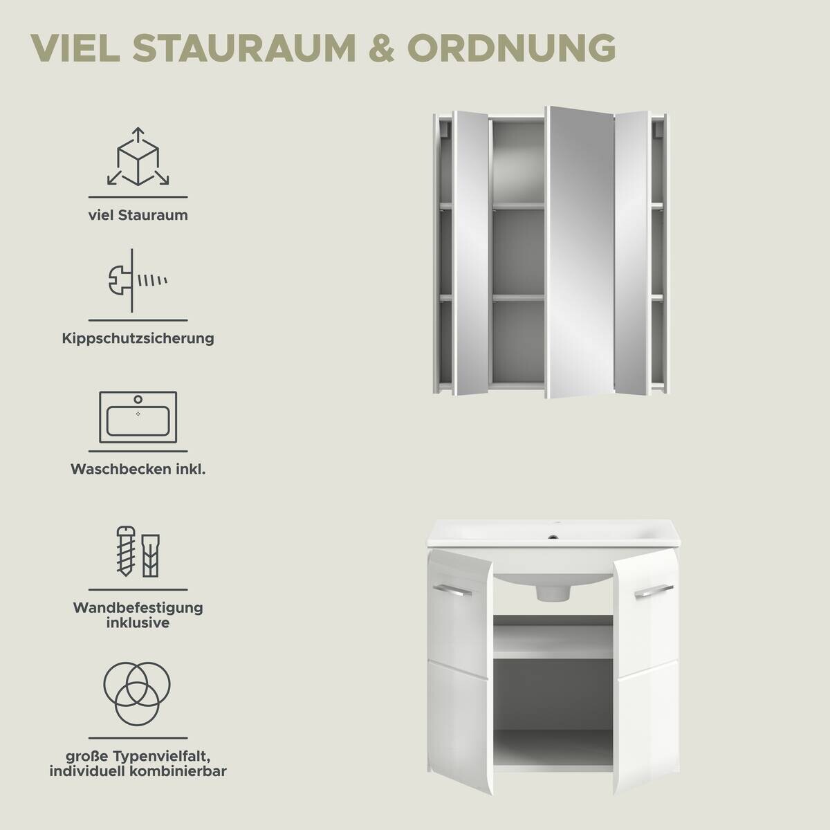 Badezimmer-Set Ice weiß weiß Hochglanz B/H/T: ca. 60x185x46 cm