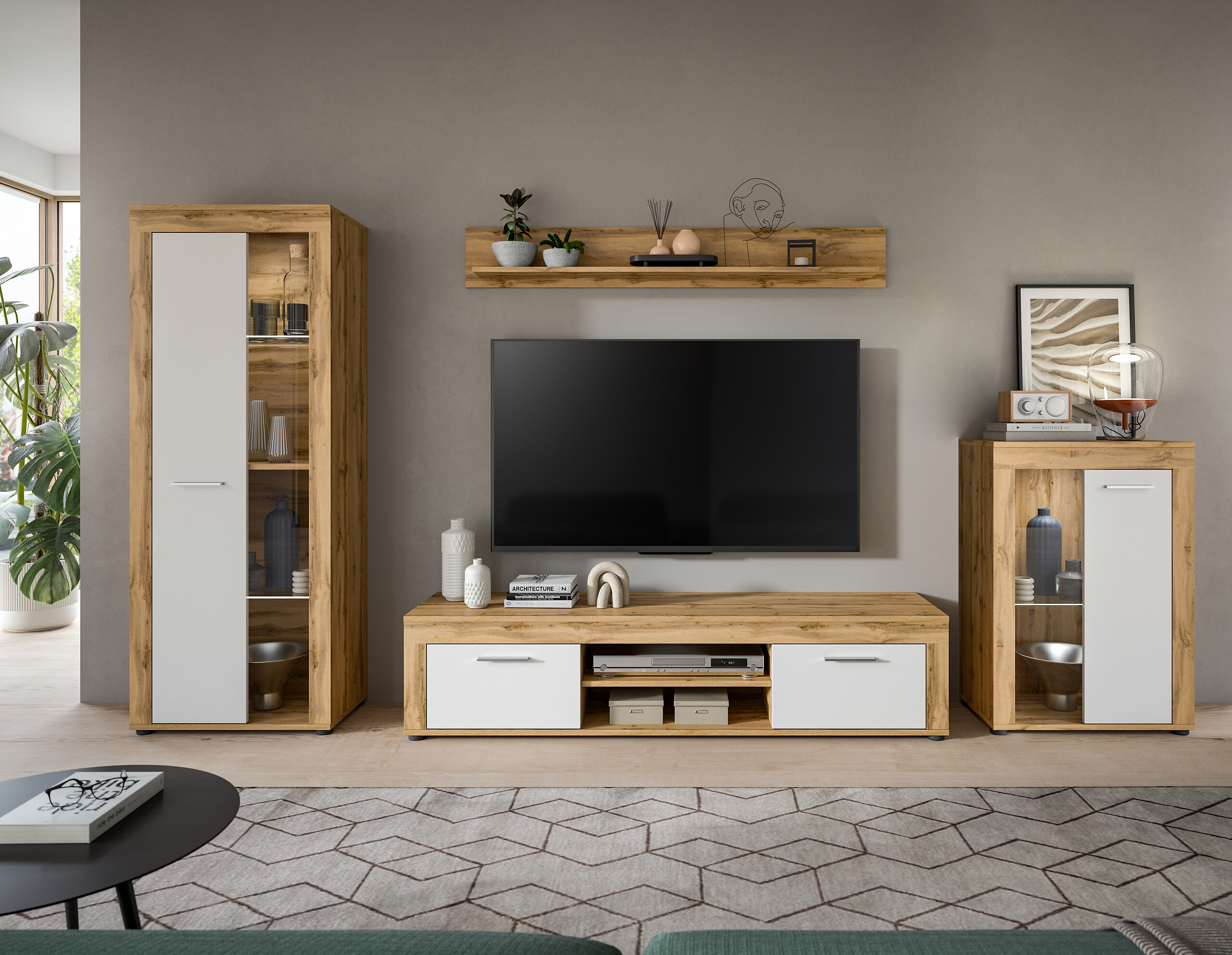 Wohnwand Jam Eiche Wotan Nachbildung weiß B/H/T: ca. 310x169x35 cm