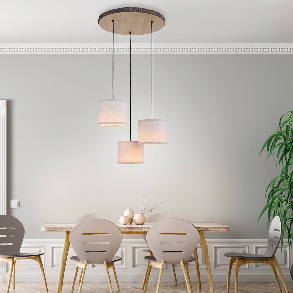 Just Light Deckenleuchte BARK 11236-79 weiß natur Holz Eisen Stoff H/D: ca. 120x52 cm E27 3 Brennstellen