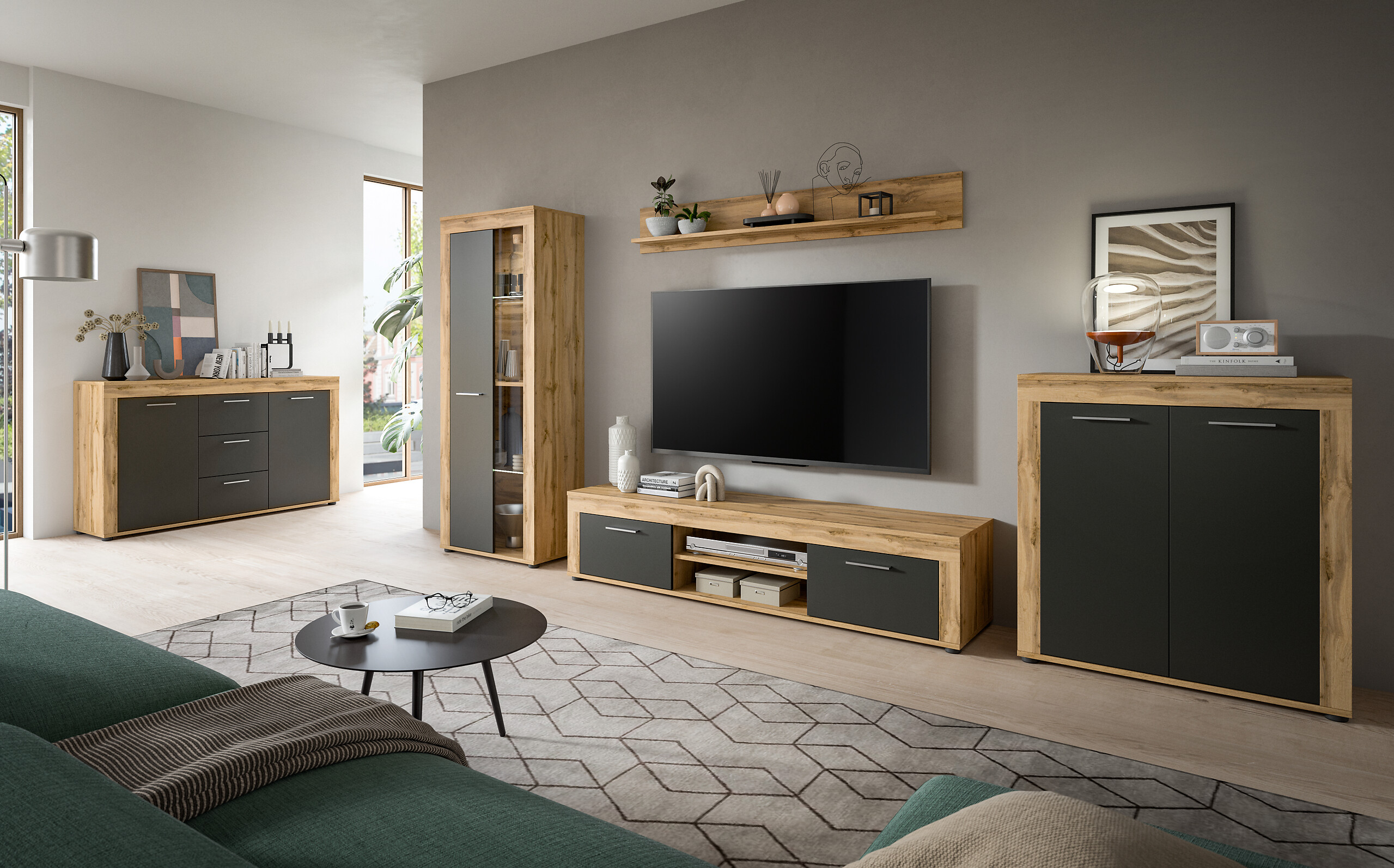 Wohnwand Jam Eiche Wotan Nachbildung grau B/H/T: ca. 330x159x35 cm