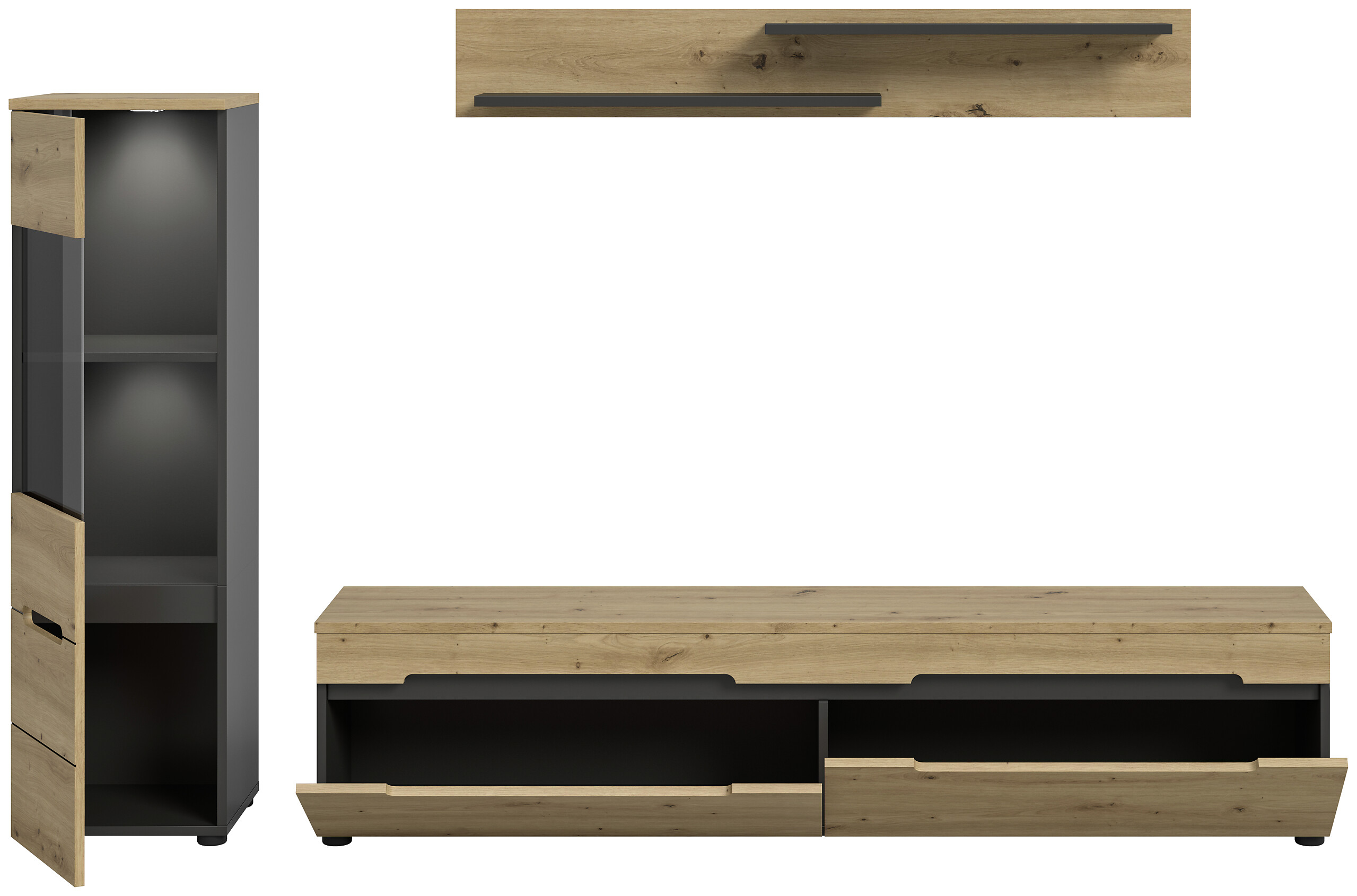 Wohnwand Canu basaltgrau Nachbildung Artisan Oak Nachbildung B/H/T: ca. 221x141x33 cm