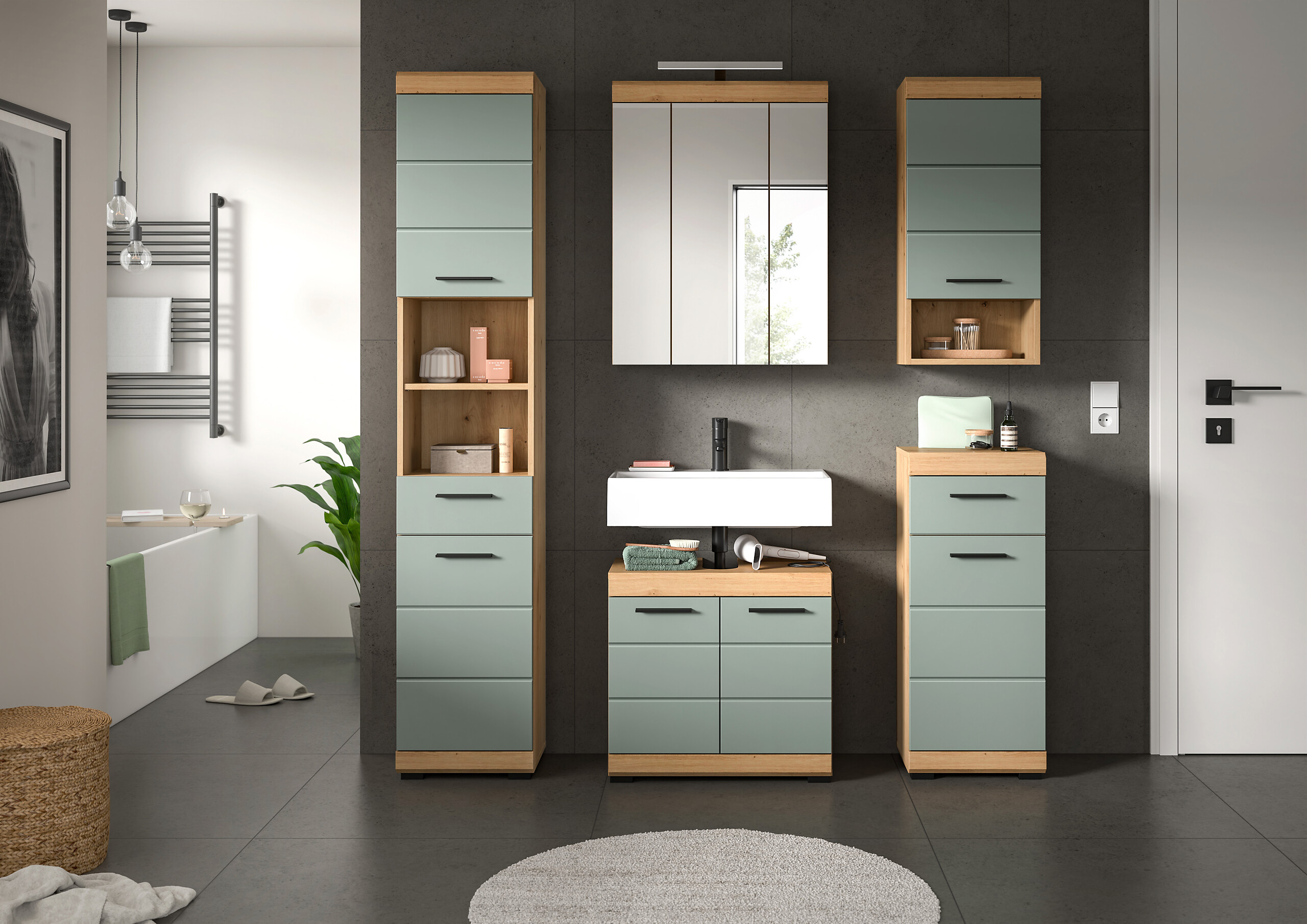 Badezimmer-Set Scout Eiche Artisan Nachbildung salbei Nachbildung B/H/T: ca. 164x191x34 cm Badezimmer-Set Scout Eiche Artisan Nachbildung salbei Nachbildung B/H/T: ca. 164x191x34 cm