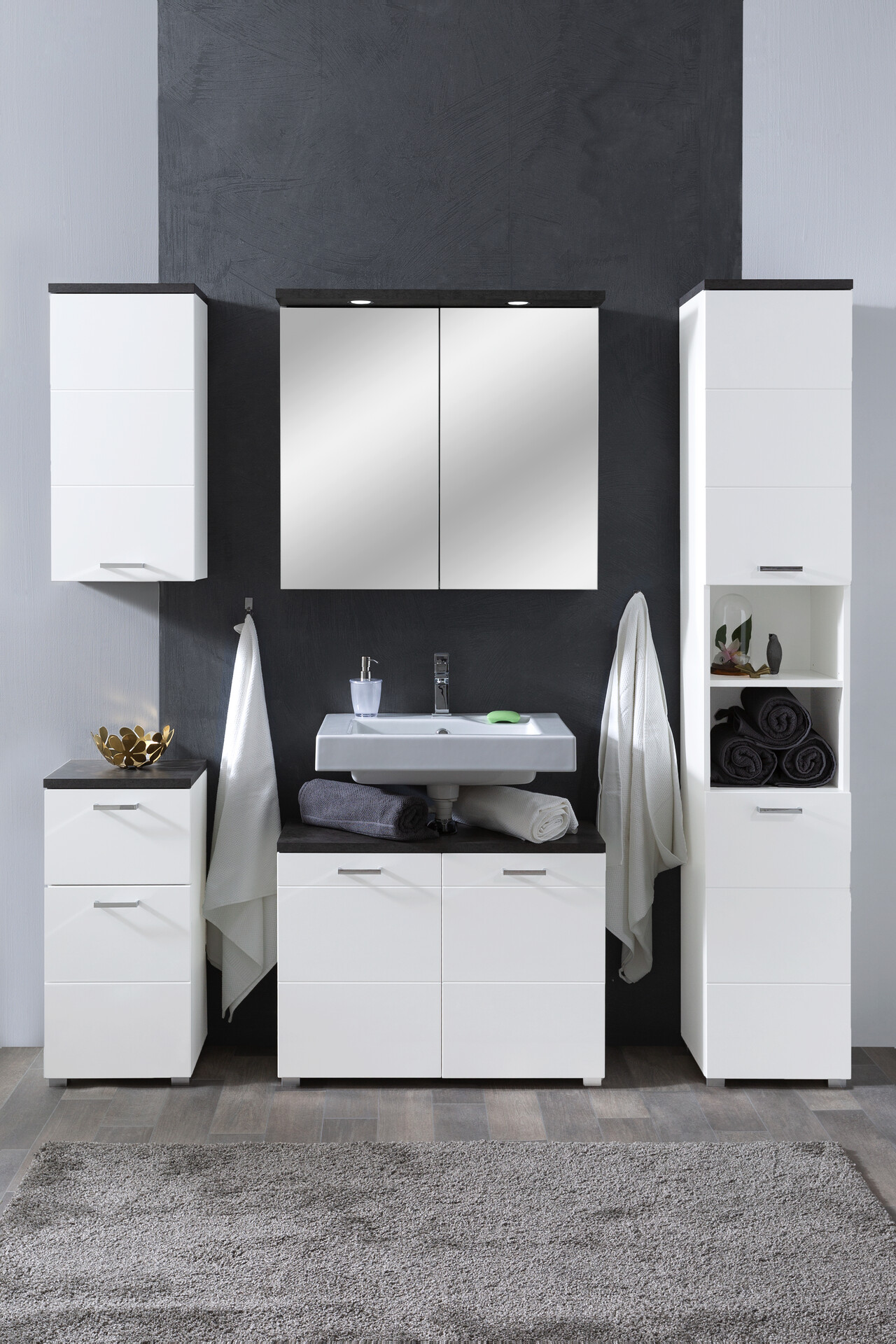 Badhochschrank Praya Dark Concret Nachbildung weiß Hochglanz B/H/T: ca. 36x190x32 cm