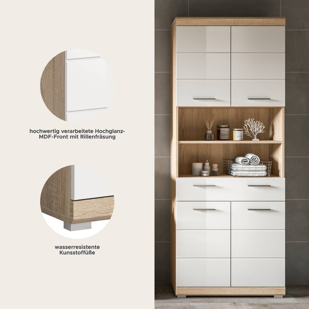 Badhochschrank Lambada Eiche Sonoma Nachbildung weiß Hochglanz B/H/T: ca. 74x191x31 cm