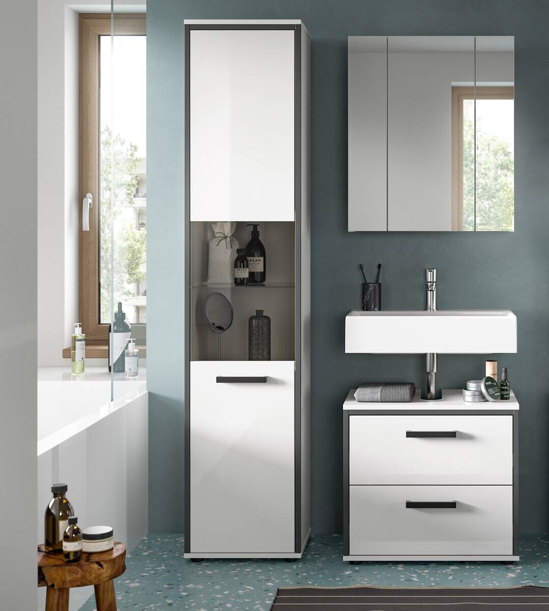 Badblock KOJAK weiß Hochglanz anthrazit grau B/H/T: ca. 115x188x37 cm