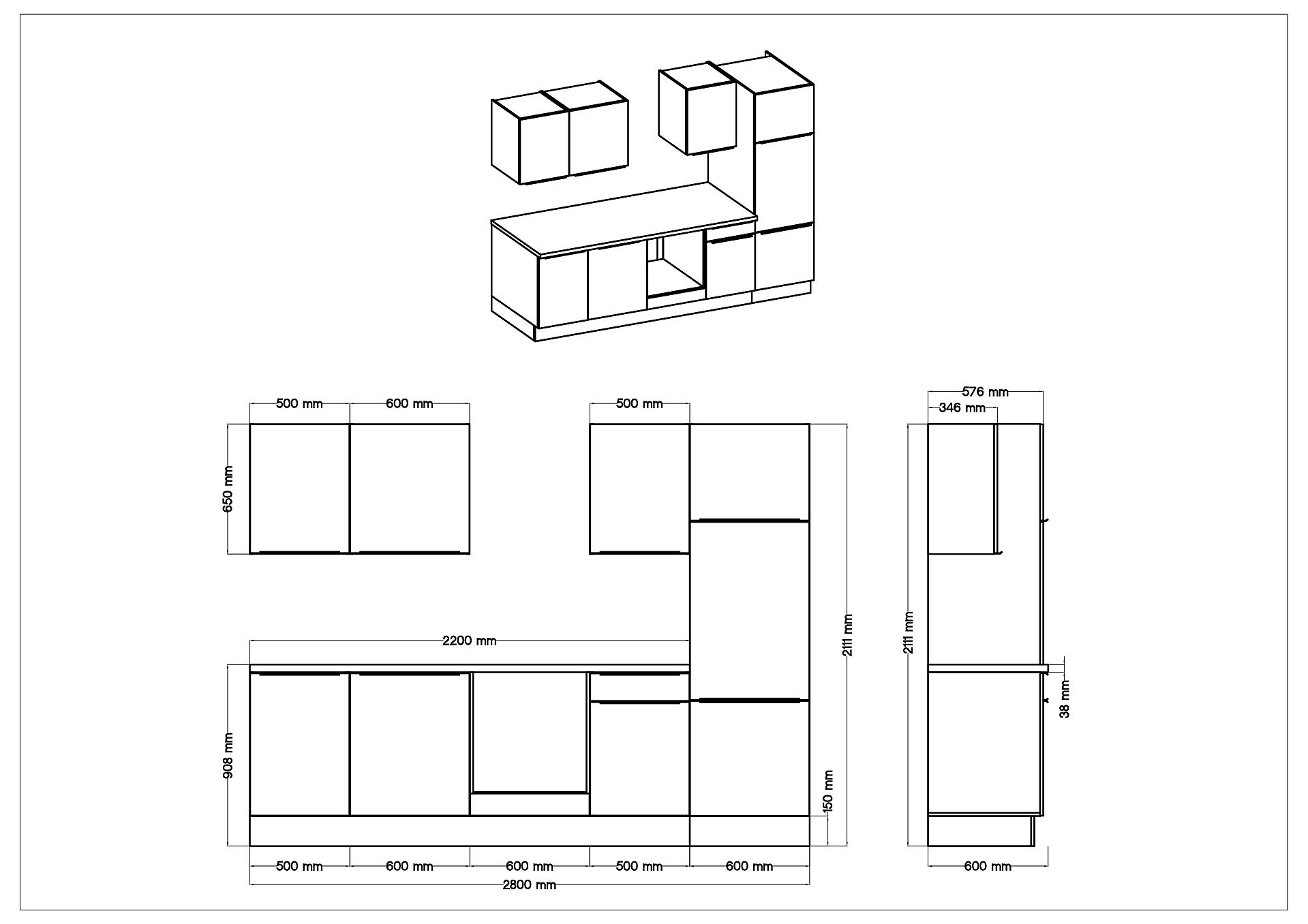Respekta Küchenblock Marleen weiß Hochglanz B/H/T: ca. 280x211x60 cm