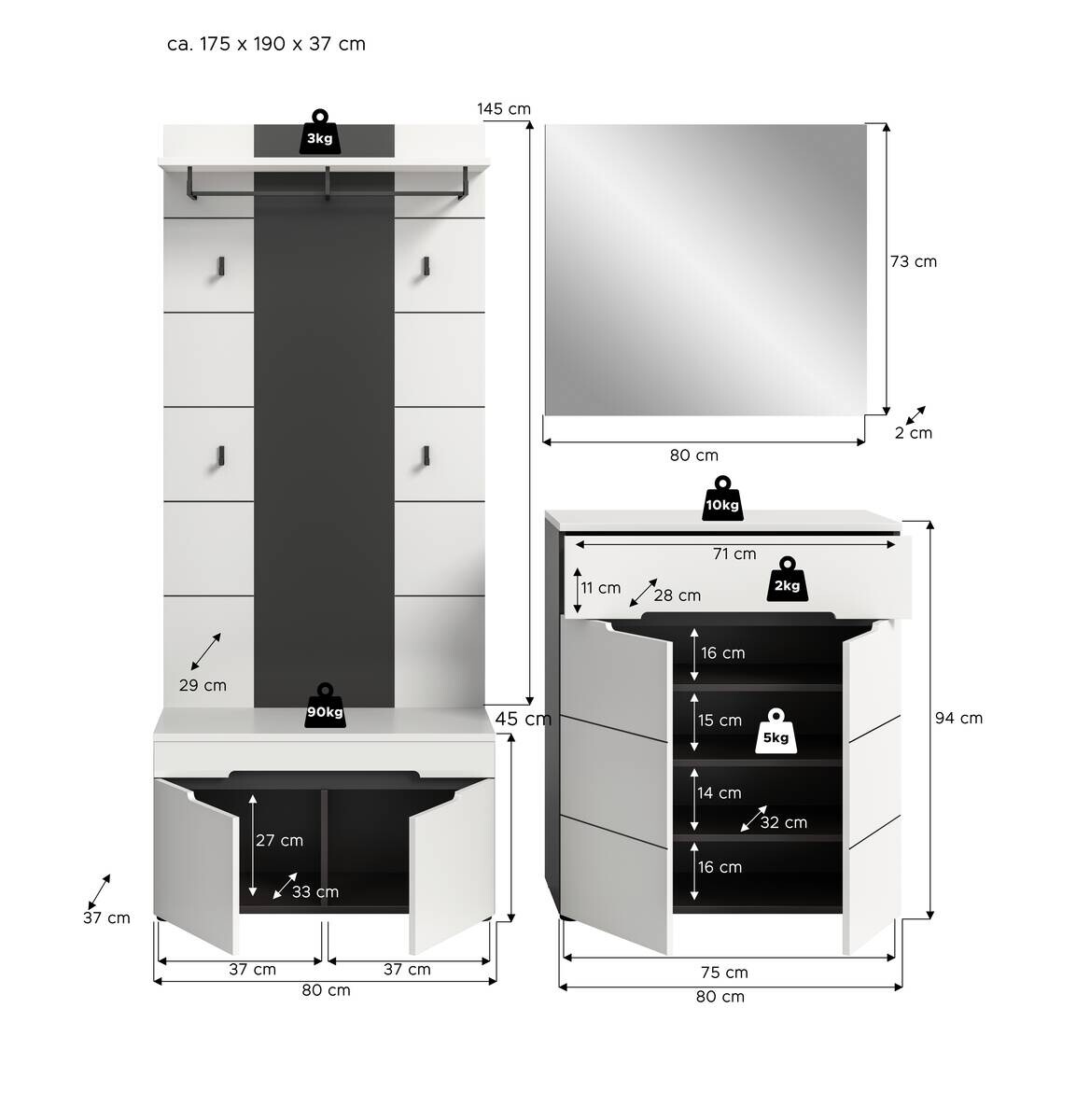 Garderobe Canu basaltgrau Nachbildung weiß B/H/T: ca. 175x190x37 cm