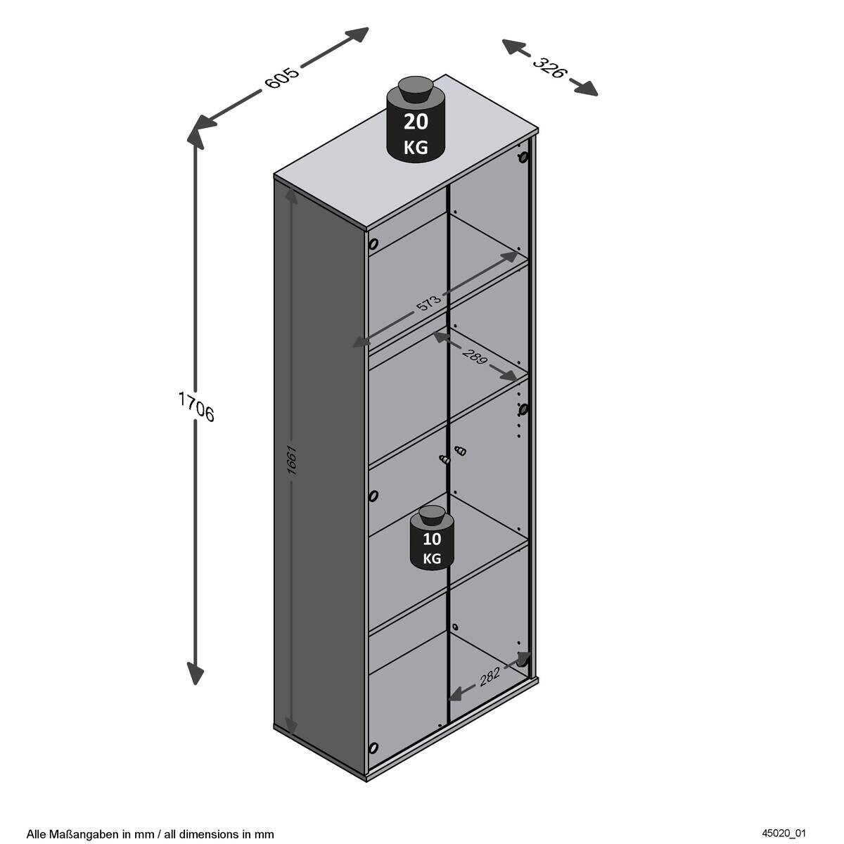 Vitrine weiß B/H/T: ca. 61x171x33 cm