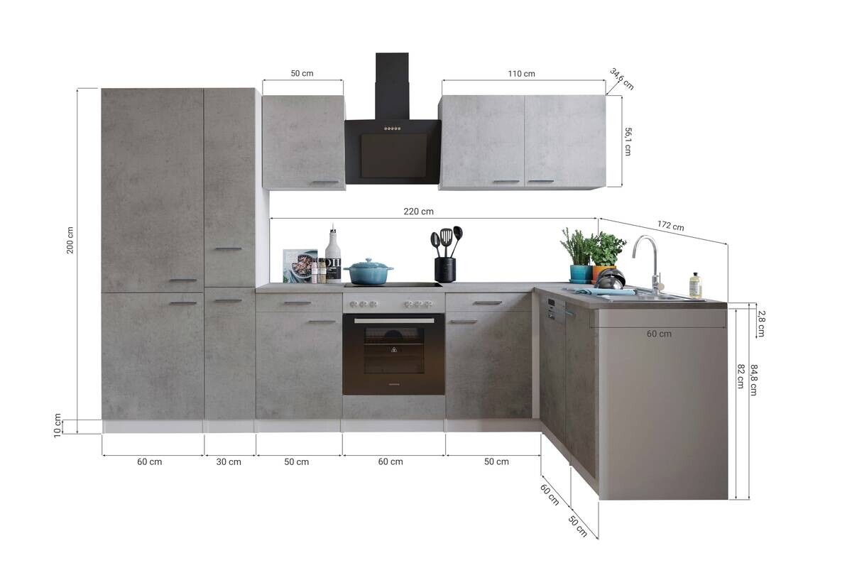 Respekta Winkelküche Malia Beton Optik B/H/T: ca. 310x200x172 cm