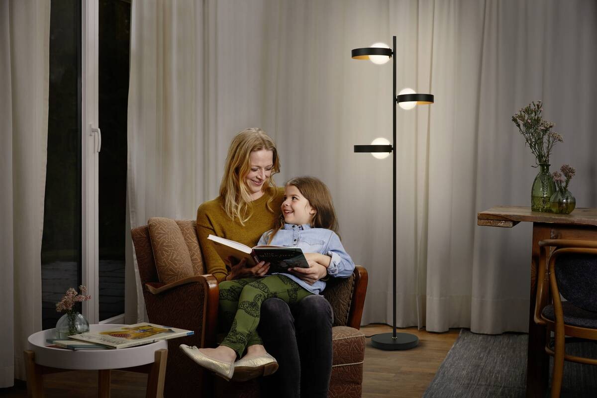 LEDVANCE Stehleuchte Memphis schwarz gold weiß Metall Glas H/D: ca. 148x38,8 cm G9 3 Brennstellen