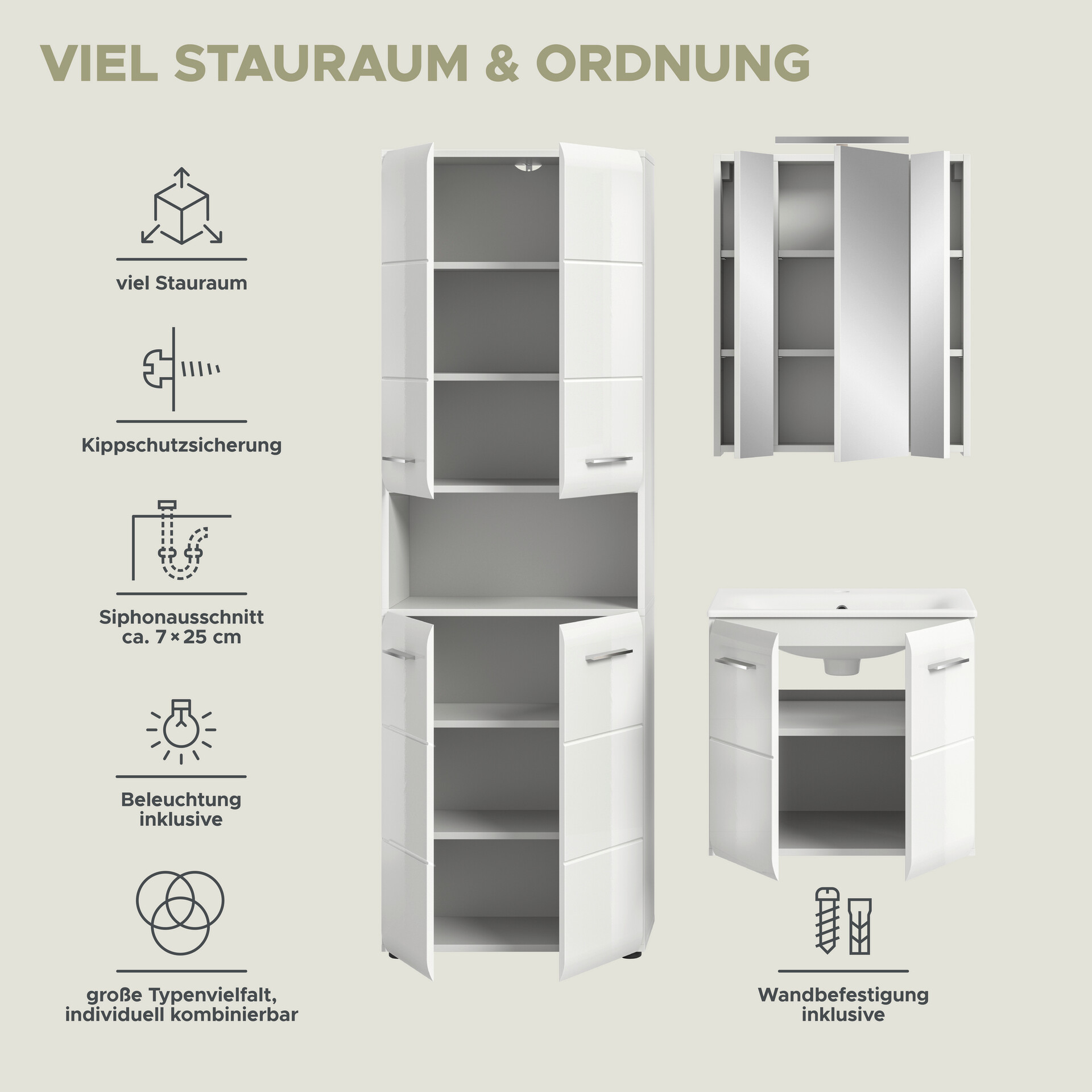 Badezimmer-Set Ice weiß weiß Hochglanz B/H/T: ca. 135x185x46 cm