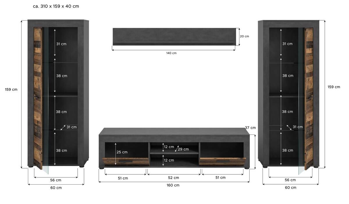 Wohnwand Jam Matera Nachbildung Old Wood Nachbildung B/H/T: ca. 159x310x35 cm