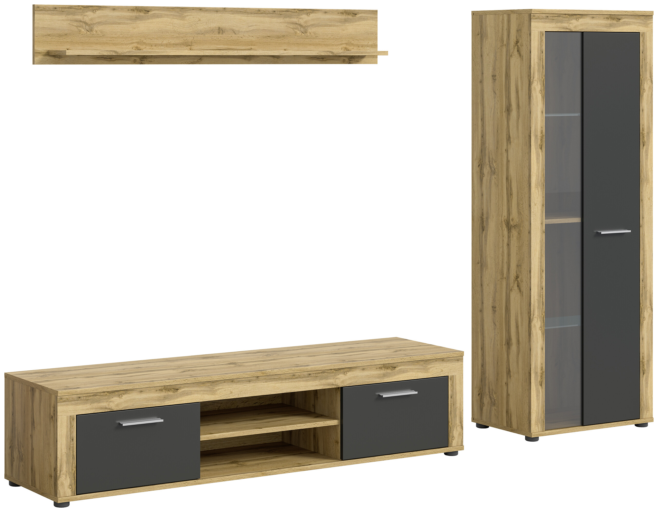 Wohnwand Jam Eiche Wotan Nachbildung grau B/H/T: ca. 235x159x35 cm Wohnwand Jam Eiche Wotan Nachbildung grau B/H/T: ca. 235x159x35 cm