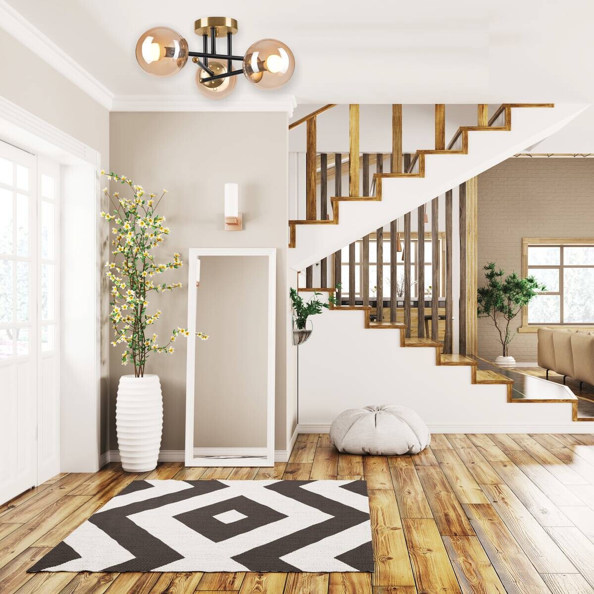 Lamkur Pendelleuchte Malena schwarz gold Glas Holz Kunststoff H/L: ca. 19x39 cm E27 3 Brennstellen