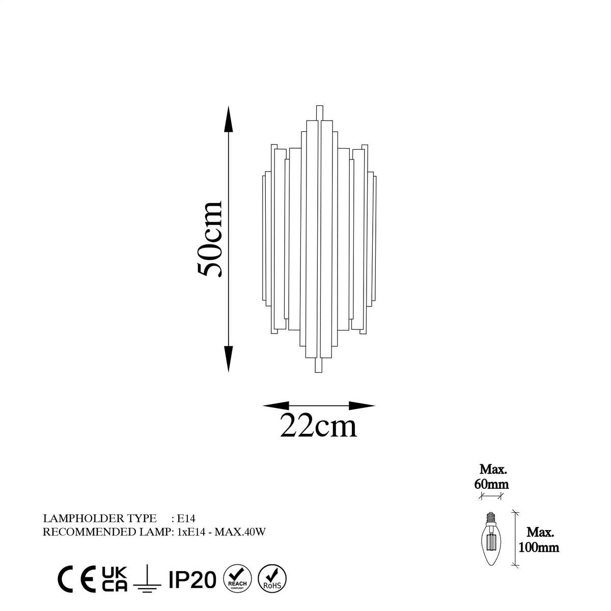 Opviq Wandleuchte Reis gold Metall B/H/T/L: ca. 22x50x22x11 cm E14 1 Brennstellen
