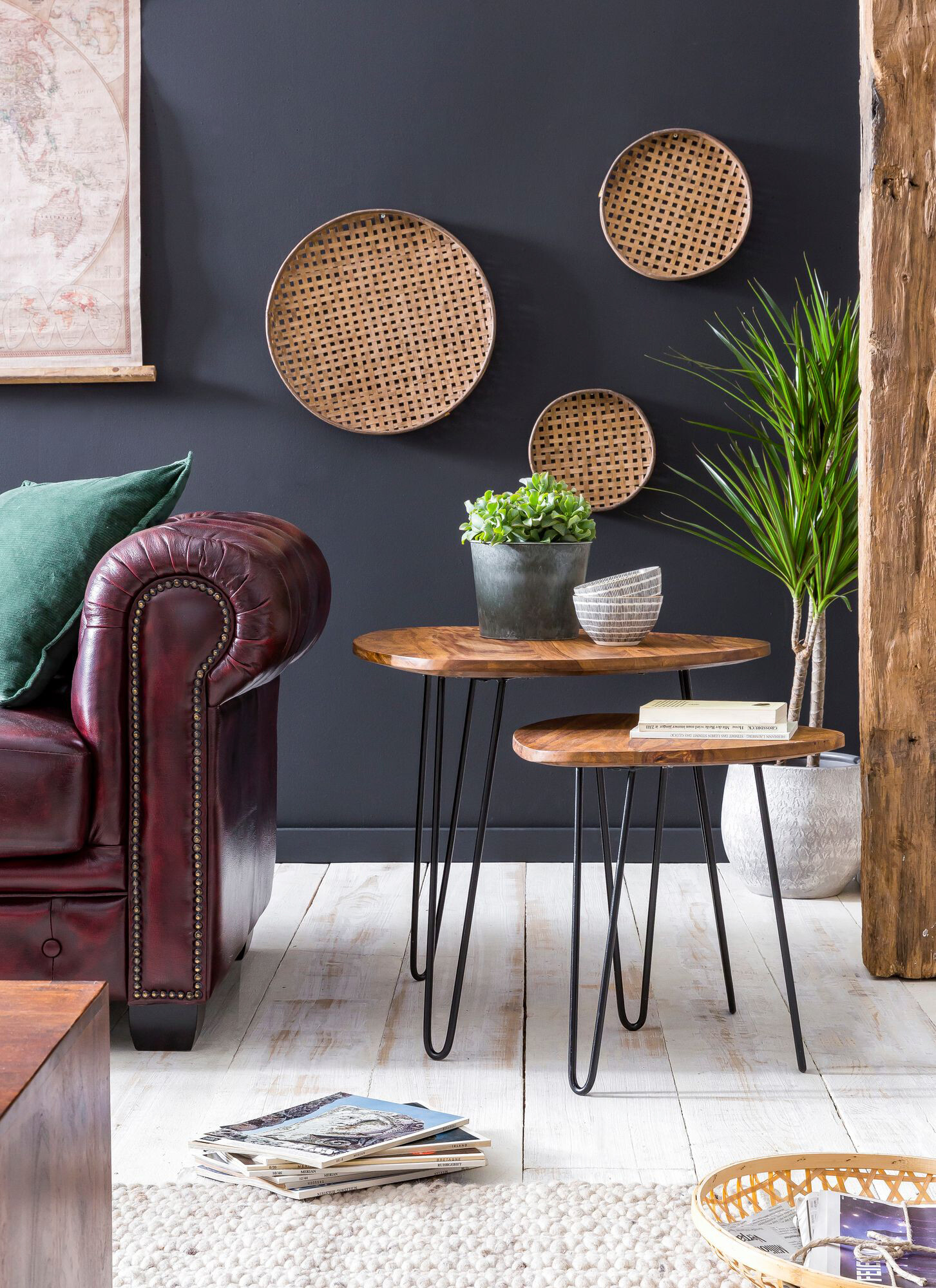 Beistelltisch 2er-Set natur schwarz Echtholz Eisen