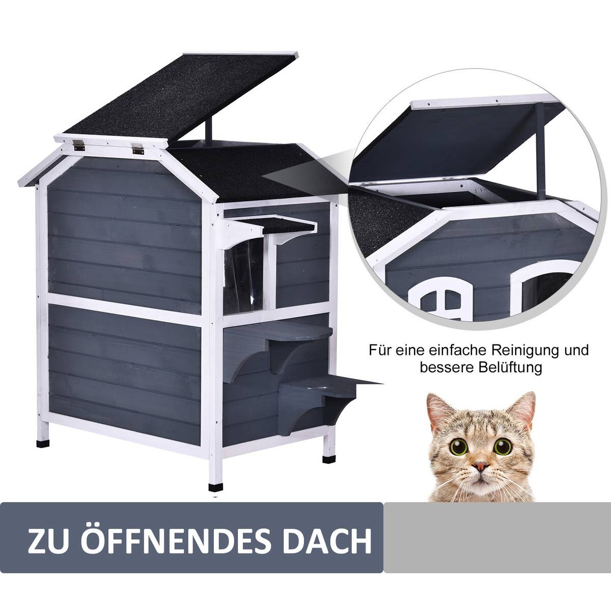 PawHut Katzenhaus grau Holz B/H/L: ca. 56x91x78 cm