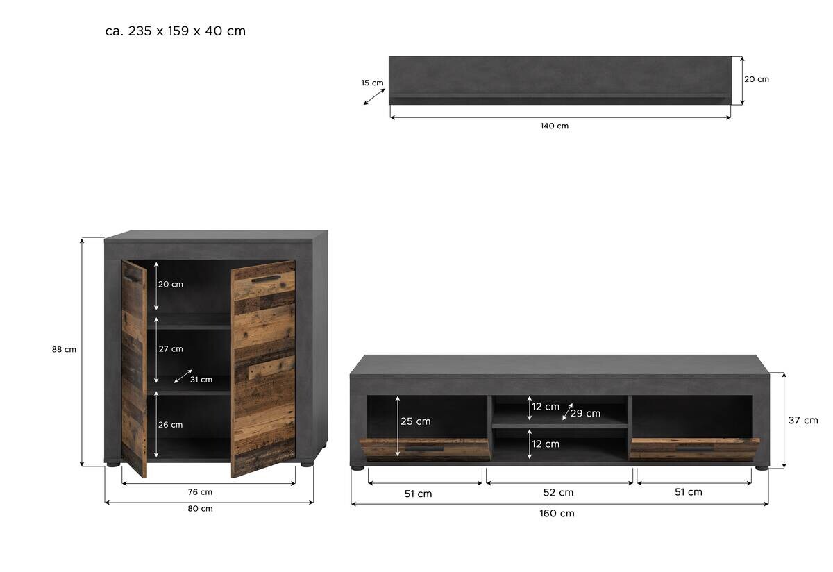 Wohnwand Jam Matera Nachbildung Old Wood Nachbildung B/H/T: ca. 159x255x35 cm