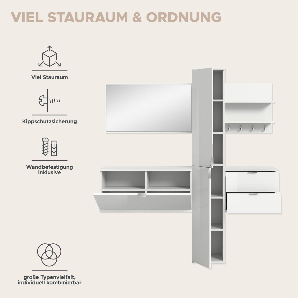 Garderobe PROJEKT X weiß weiß Hochglanz B/H/T: ca. 174x191x37 cm