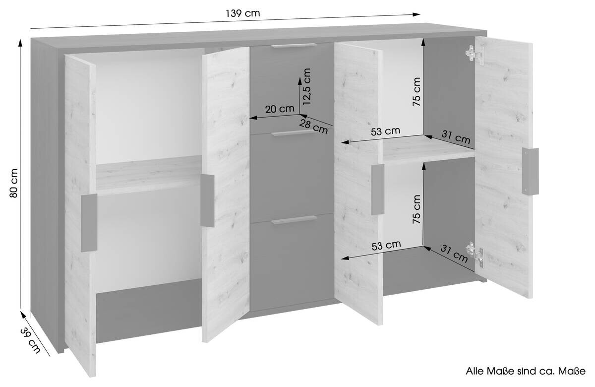 Kommode RIMINI schwarz Eiche Nachbildung B/H/T: ca. 139x80x39 cm Kommode RIMINI schwarz Eiche Nachbildung B/H/T: ca. 139x80x39 cm