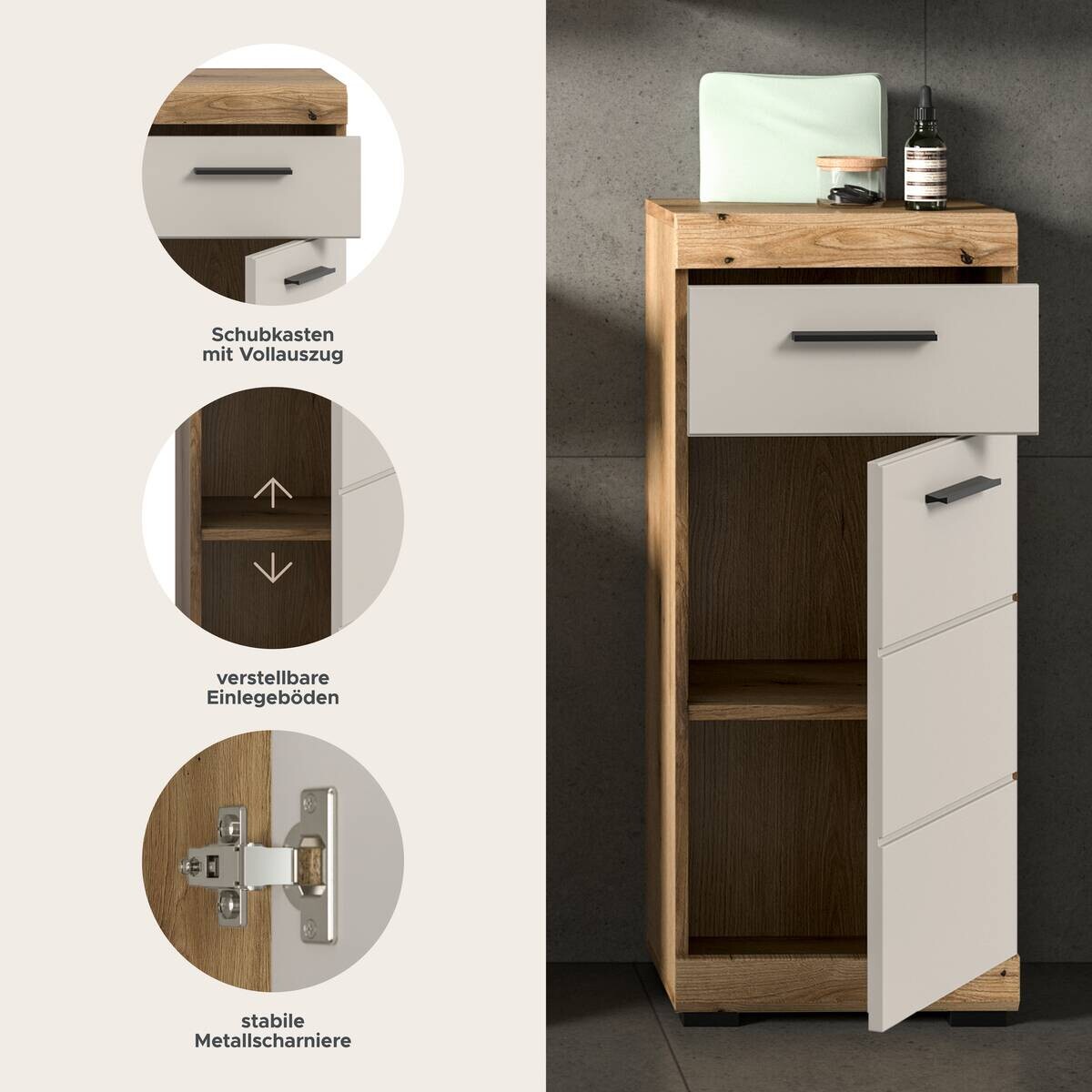 Badhochschrank Scout Evoke Oak Nachbildung Kaschmirgrau Nachbildung B/H/T: ca. 37x88x31 cm