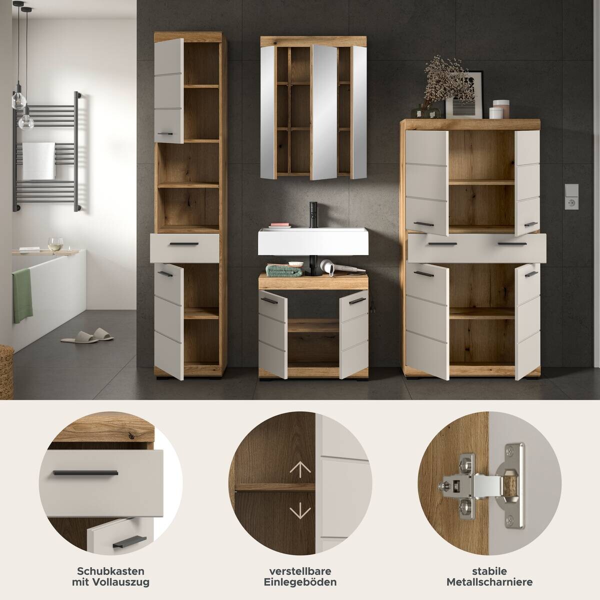 Badezimmer-Set Scout Evoke Oak Nachbildung Kaschmirgrau Nachbildung B/H/T: ca. 201x191x34 cm
