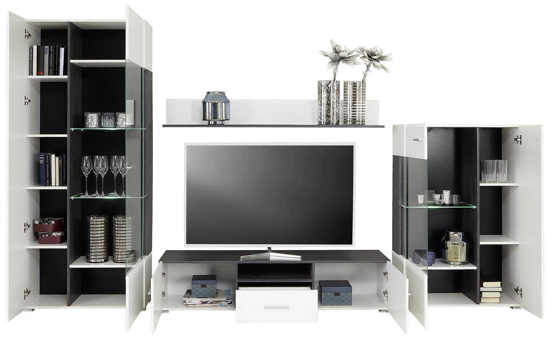 Wohnwand Concerto weiß Hochglanz schwarz B/H/T: ca. 308x190x41 cm
