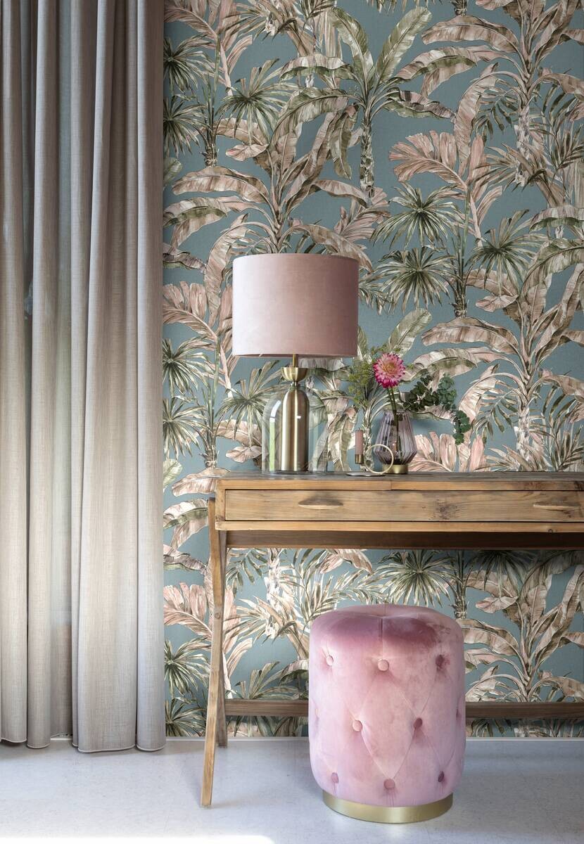 Vliestapete Palmenblätter blau grün beige B/L: ca. 53x1005 cm